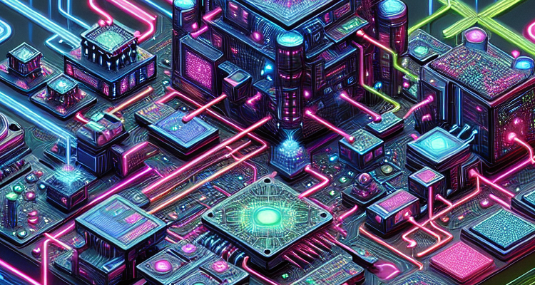 High-detail system architecture diagram in isometric view, showing AI modules for text, image, and video connected to a central editing suite. Futuristic, glowing lines.